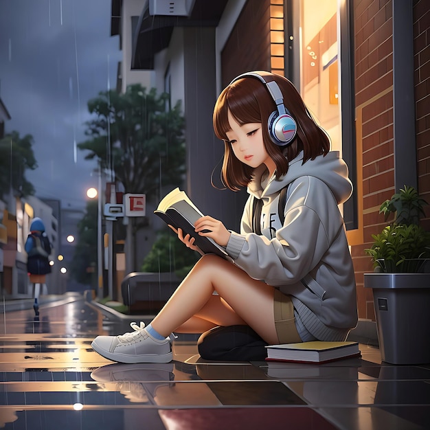 ragazza che studia e sfondo della pioggia nella notte