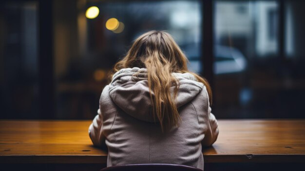 Ragazza che studia in biblioteca con la schiena girata