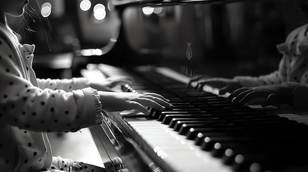 Ragazza che suona il pianoforte Immagine in bianco e nero