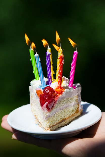 Ragazza che tiene bella torta di compleanno appetitosa con molte candele su priorità bassa verde della natura. Avvicinamento.