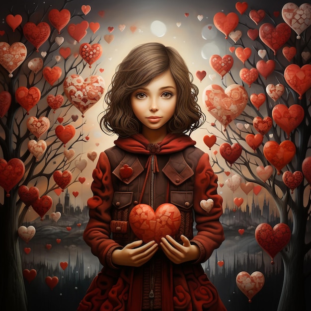 Ragazza che tiene in mano un cuore rosso cuori che crescono sugli alberi amore ed emozione aiuto e carità