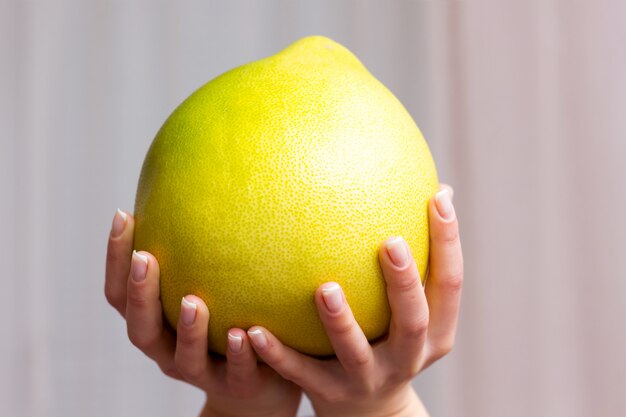 Ragazza che tiene nelle sue mani il pomelo