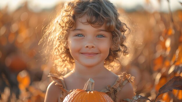 Ragazza che tiene una zucca nel campo