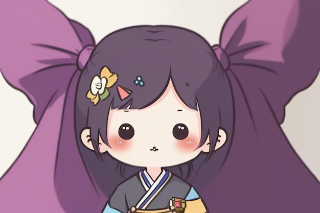 Ragazza chibi dei cartoni animati che indossa l'antico Hanfu cinese con piccole decorazioni floreali tra i capelli