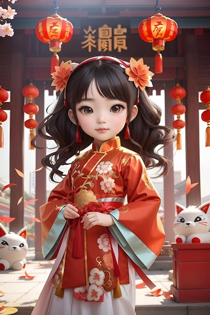 Ragazza cinese carina con costume di Capodanno cinese Stile cartone animato cinese