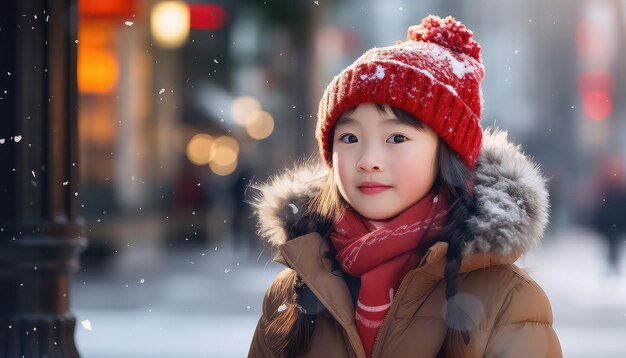 Ragazza cinese in piedi per le strade dell'inverno l'anno il concetto del nuovo anno