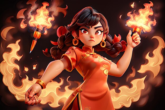 Ragazza cinese in rosso Cheongsam Giocando con il fuoco Mago orientale Manipulando l'elemento del fuoco