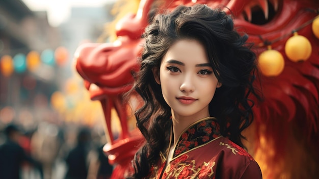 Ragazza cinese in un costume cinese rosso davanti a un leone cinese nel nuovo anno cinese