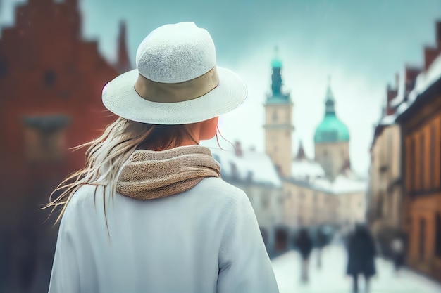 Ragazza con cappello bianco ammira Cracovia Polonia IA generativa IA generativa
