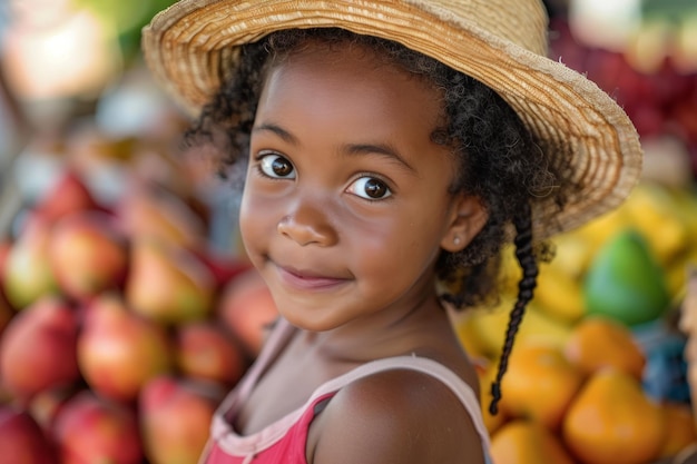 Ragazza con cappello di paglia al bancone della frutta