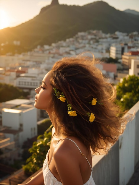 Ragazza con fiori in città