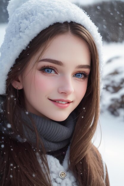 Ragazza con gli occhi blu nella neve