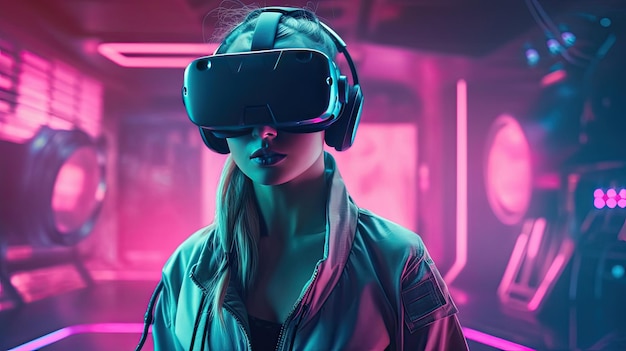 Ragazza con gli occhiali per cuffie VR nel fantastico mondo virtuale del metaverso IA generativa