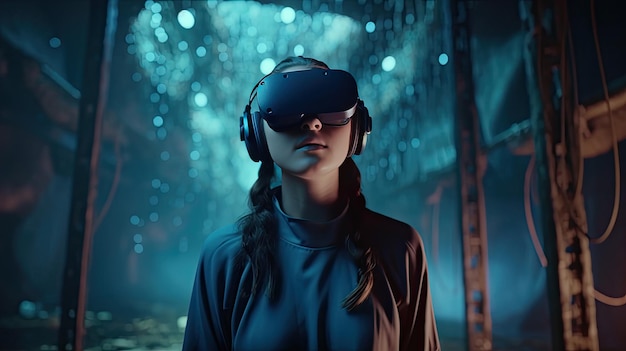 Ragazza con gli occhiali per cuffie VR nel fantastico mondo virtuale del metaverso IA generativa