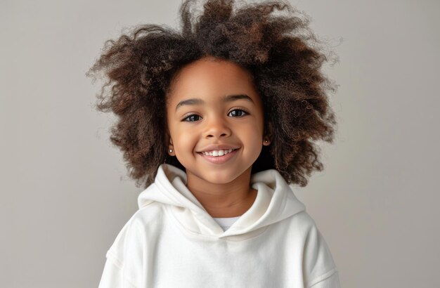 Ragazza con i capelli ricci con cappuccio bianco