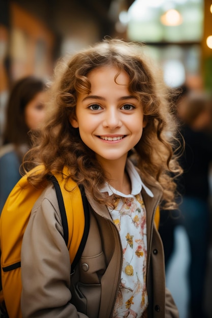 Ragazza con i capelli ricci e lo zaino sorride alla telecamera AI generativa