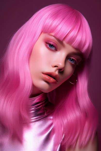 Ragazza con i capelli rosa e una camicia d'argento in studio