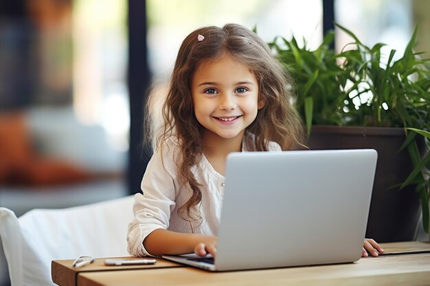 ragazza con i capelli scuri che sorride al laptop