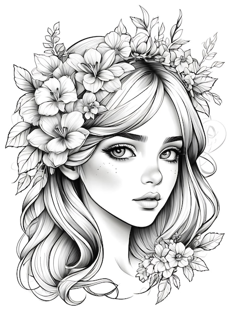 ragazza con i fiori sulla testa e il contorno del disegno pagina da colorare sfondo bianco ai generato
