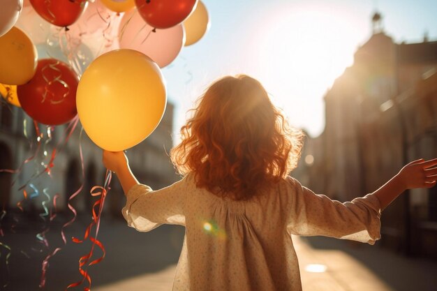 Ragazza con i palloncini in mano per strada