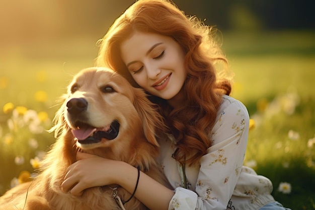 ragazza con il suo cane seduta nel parco