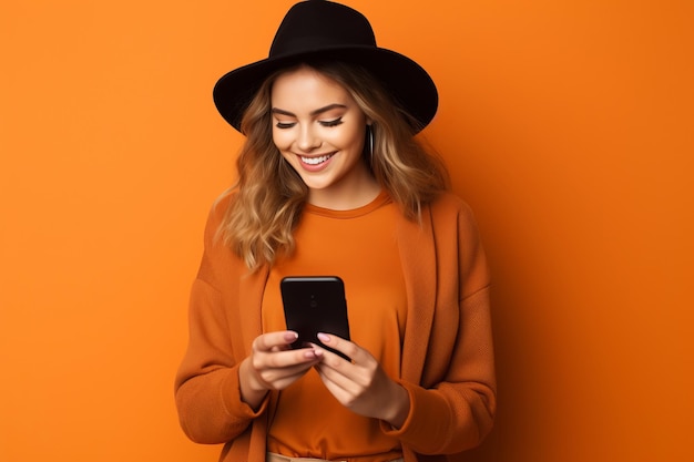 Ragazza con il telefono su sfondo arancione