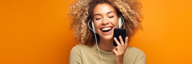 ragazza con il telefono su sfondo arancione