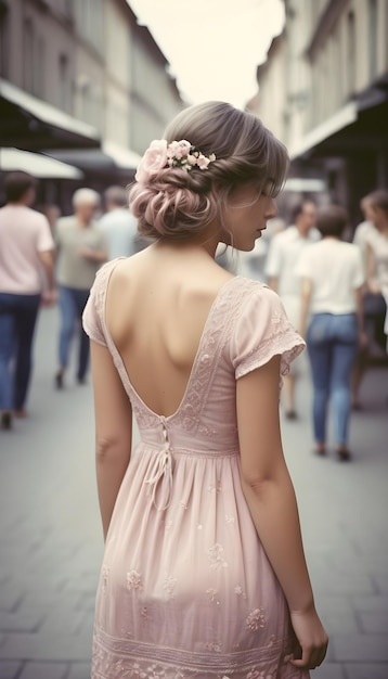 Ragazza con il vestito rosa sul retro