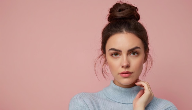 ragazza con l'updo riccio in camicia blu che tiene la faccia con le mani e sembra sorpresa