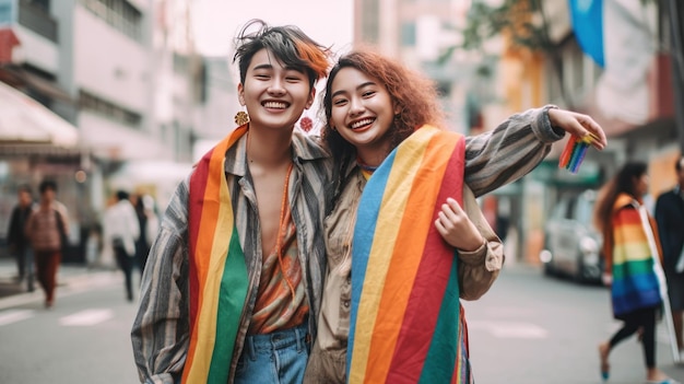 Ragazza con la bandiera arcobaleno Concetto del mese dell'orgoglio Illustrazione AI GenerativexA