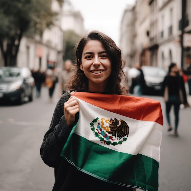 Ragazza con la bandiera del Messico in strada