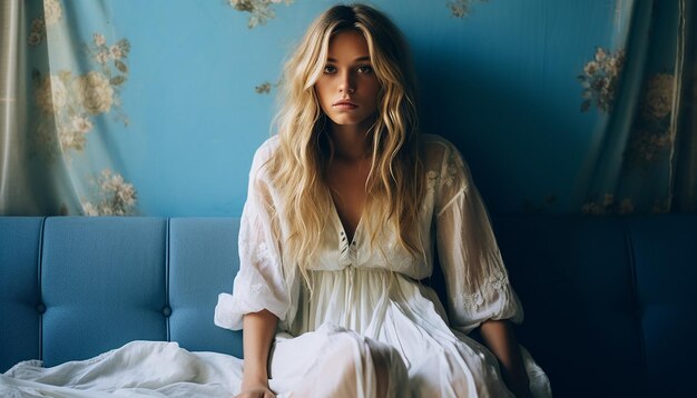 Ragazza con la faccia piena seduta su un divano blu in un vestito bianco in un appartamento con i capelli biondi in stile boho