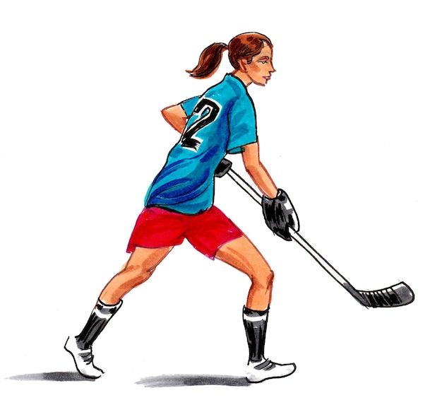 Ragazza con la mazza da hockey che gioca a hockey su palla. Disegno a china e acquerello