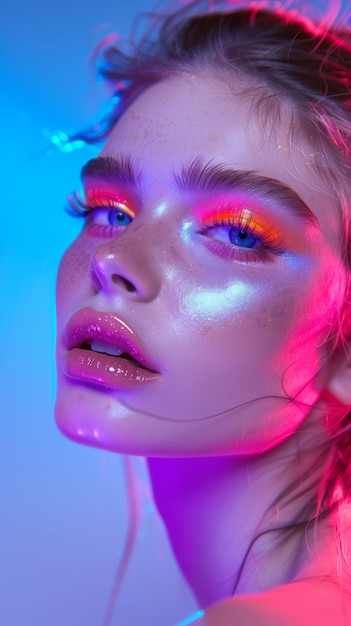 Ragazza con la pelle chiara occhi blu lunghi ciglia finte trucco luminoso in colori neon