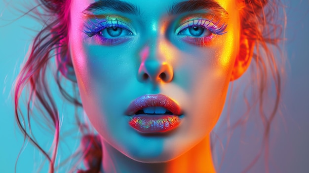 Ragazza con la pelle chiara occhi blu lunghi ciglia finte trucco luminoso in colori neon
