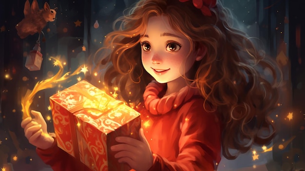 Ragazza con la scatola magica di Natale Illustrazione