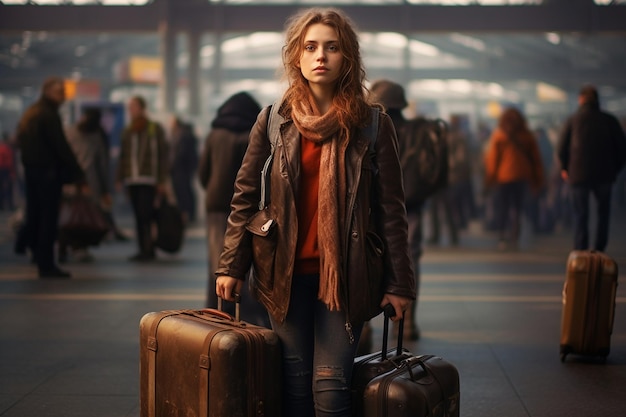 Ragazza con la valigia all'aeroporto Ai generativa