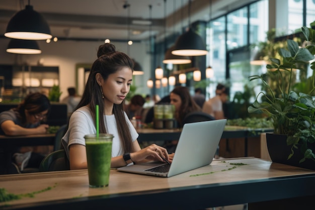 ragazza con laptop in ufficio con cibo vegano