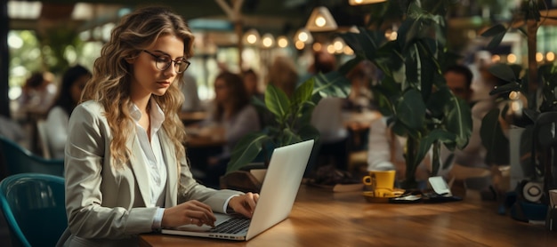 ragazza con laptop in un caffè AI generativa