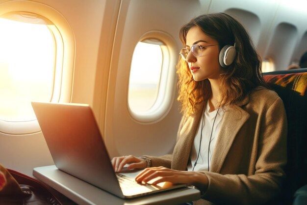 Ragazza con le cuffie che lavora su un portatile su un aereo