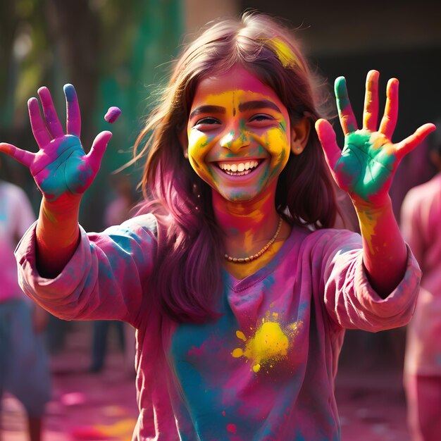 ragazza con le mani colori holi con un bel sorriso