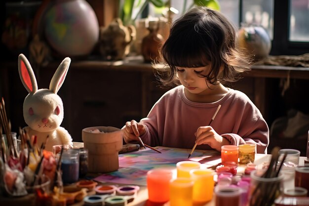 Ragazza con le orecchie di coniglio che dipinge uova per Pasqua