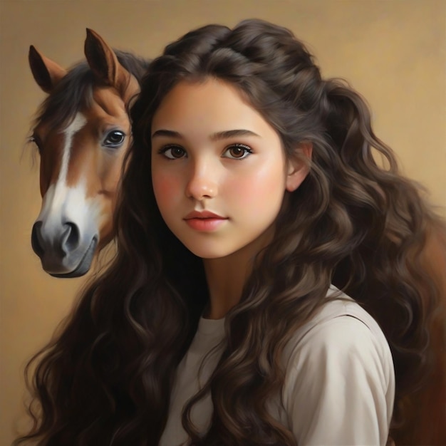 ragazza con lunghi capelli marroni ondulati con una coda da pony e piccoli occhi marroni