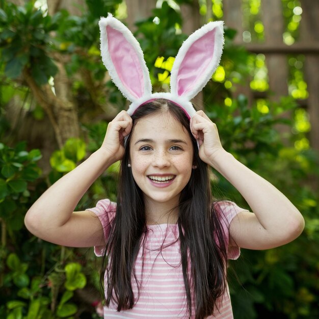 ragazza con orecchie di coniglio come segno di felice celebrazione di Pasqua