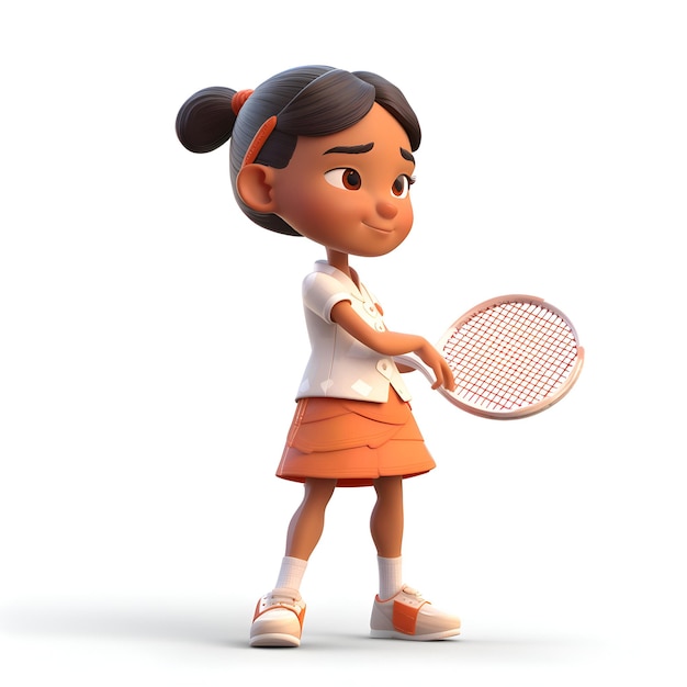Ragazza con racchetta da tennis su sfondo bianco Illustrazione 3D isolata