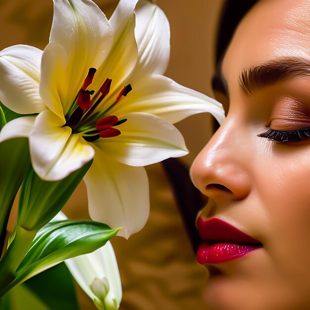 Ragazza con trucco e labbra rosse Immagine immaginaria Spazio di copia AI generativo