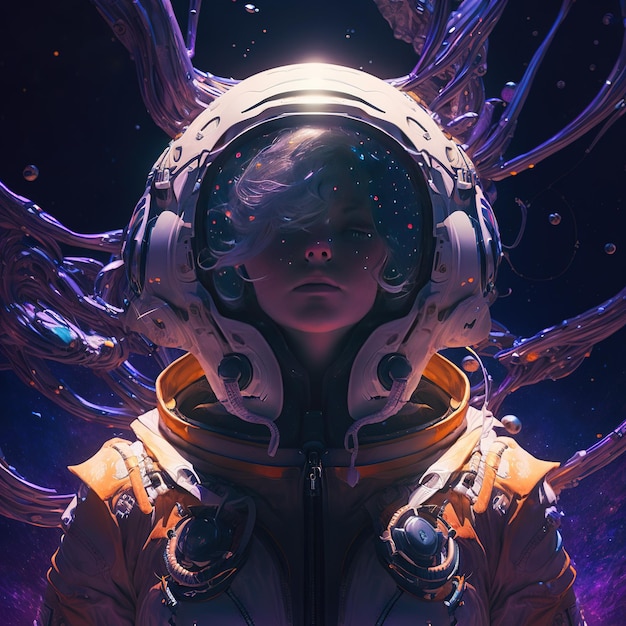 Ragazza con tuta spaziale che esplora la galassia. Arte di fantasia.