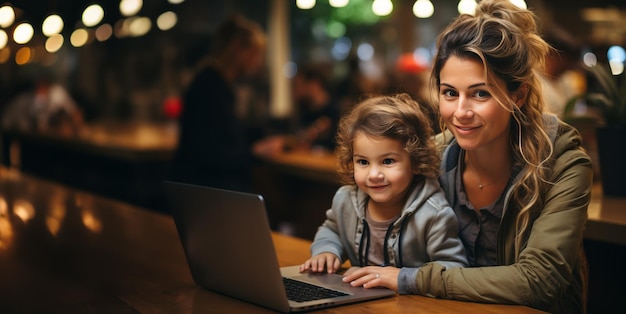 ragazza con un bambino e un portatile in un caffè AI generativa