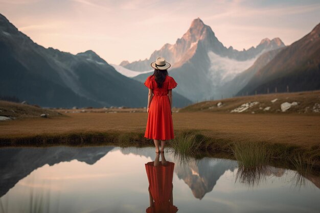 Ragazza con un cappello a stelo e un vestito rosso che guarda il riflesso delle montagne sul lago in alta montagna