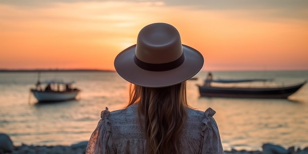 Ragazza con un cappello da dietro sullo sfondo del tramonto Ai generativo